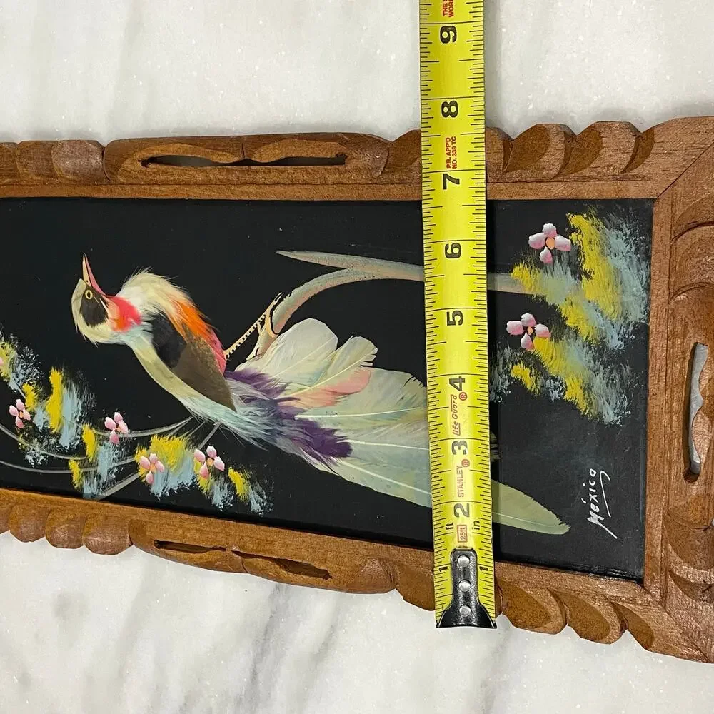 Vintage Mexican Feather Art Bird Hand Carved Wood Frame Folk Art Craft
